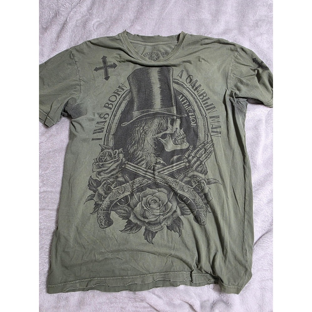 Affliction Shirt Mens XL Green I Was Born A Gamblin Man Skull Graphic Biker Tee
